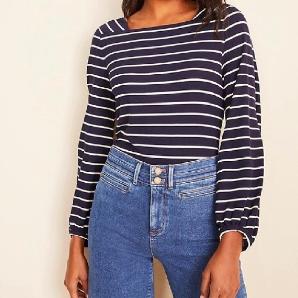 Ann Taylor Striped Square Neck Top Navy and White